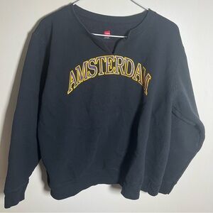 Hanes Amsterdam Graphic Print Crew Neck Fleece Pullover Sweatshirt Black XL